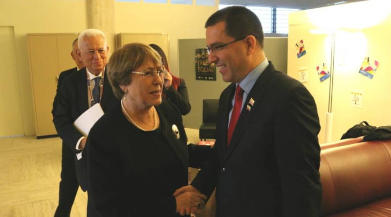Canciller Jorge Arreaza reunido con Michelle Bachelet, Alta Comisionada de la ONU para DDHH (Foto MPPRE)