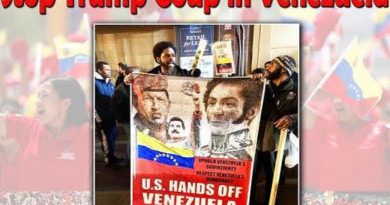 Afiche convocando en los estadounidenses a detener el golpe de Trump contra Venezuela