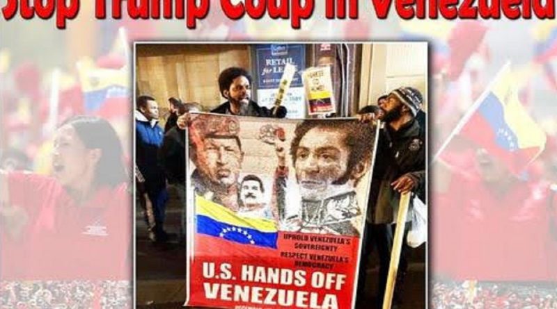 Afiche convocando en los estadounidenses a detener el golpe de Trump contra Venezuela