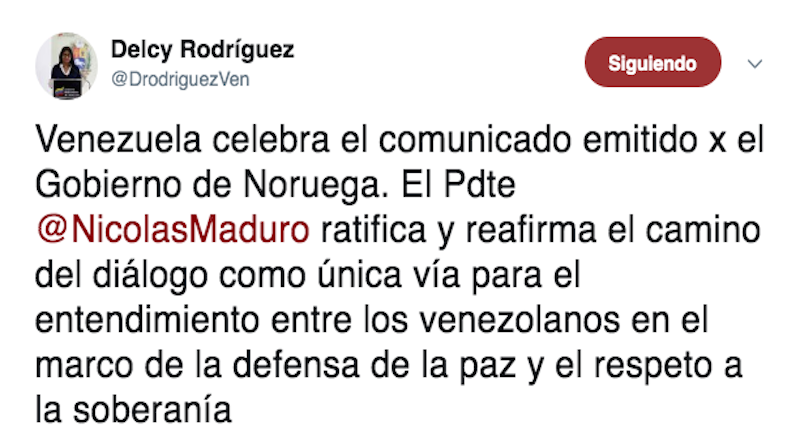 Venezuela celebra comunicado de Noruega sobre fase de diálogo