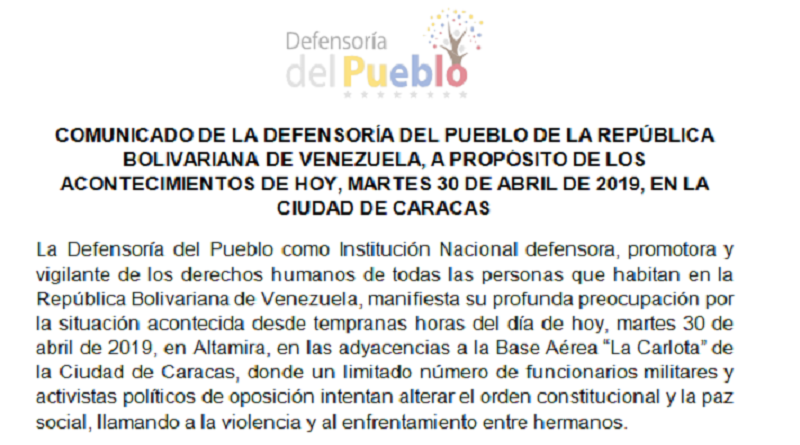 Defensoría del Pueblo llama al mundo a rechazar injerencia golpista y a preservar la paz de Venezuela (Foto Defensoría)
