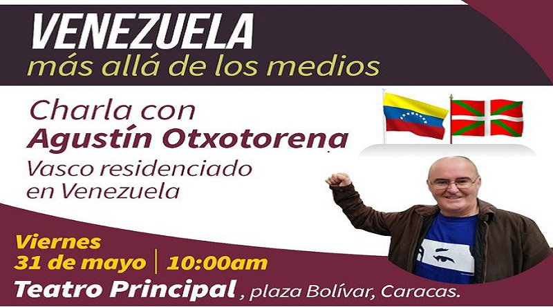 Otxotorena, brindará este viernes la charla “Venezuela, más allá de los medios” en el Teatro Principal de Caracas, cerca de la plaza Bolívar,