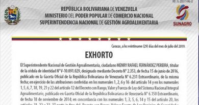 Sunagro autoriza movilización temporal de alimentos sin guía del 29 julio al 1º de agosto