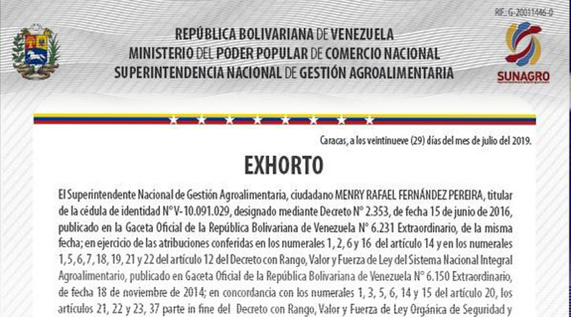 Sunagro autoriza movilización temporal de alimentos sin guía del 29 julio al 1º de agosto