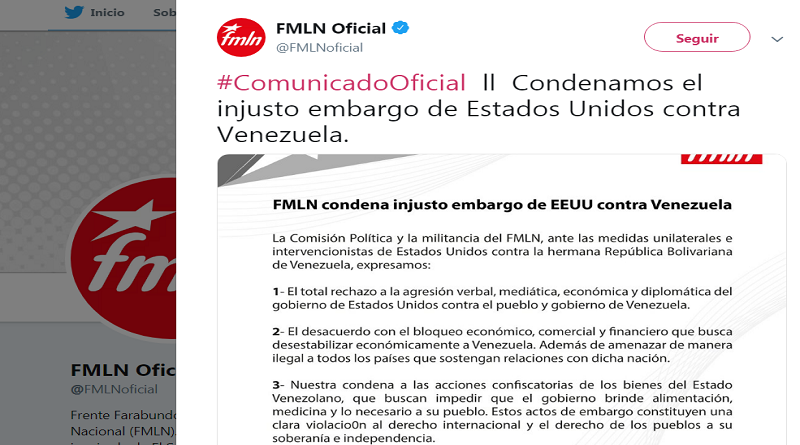 FMLN condena bloqueo a Venezuela y acusa a EEUU de violación masiva del derecho internacional