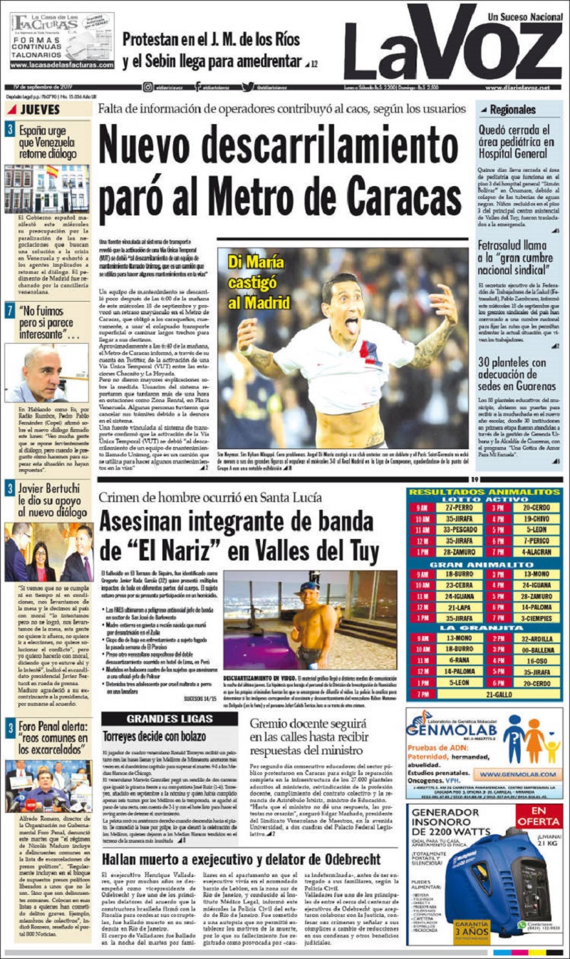 Portadas de medios impresos venezolanos de este 19 de septiembre Portadas de medios impresos venezolanos de este 19 de septiembre