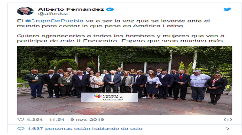 Presidente electo de Argentina Alberto Fernández augura que Grupo de Puebla será la instancia de América Latina (Foto Twitter)