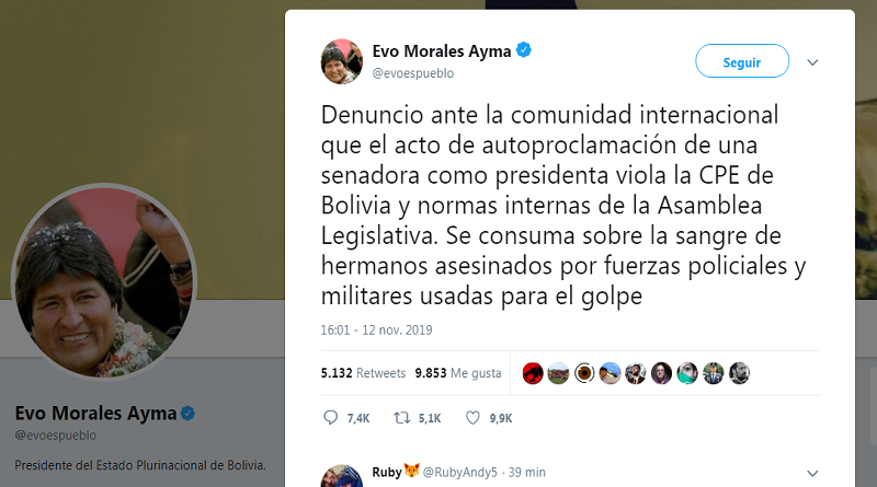 Presidente Evo Morales denuncia que senadora de derecha se autoproclama sobre la sangre de los bolivianos
