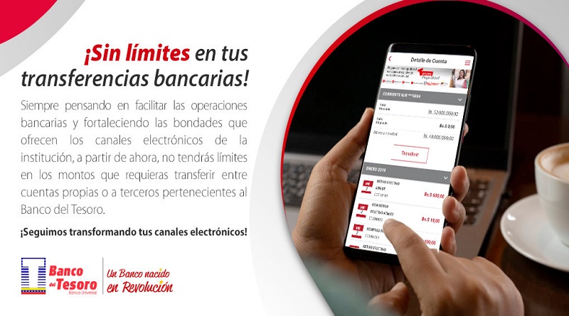 Activado servicio de transferencias sin límite entre cuentas del Banco del Tesoro