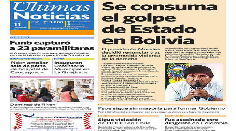 Portadas de principales medios impresos venezolanos destacan este 11NOV el Golpe de Estado contra el presidente Evo Morales
