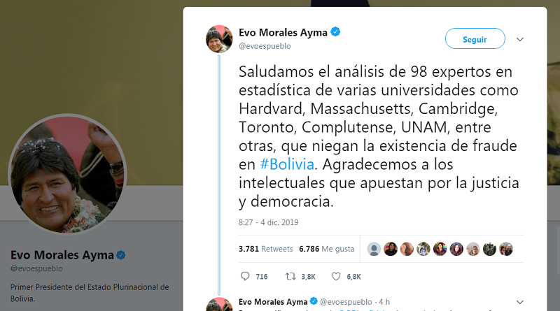 Presidente Evo Morales agradece estudio de expertos que comprobaron transparencia de su reelección en Bolivia