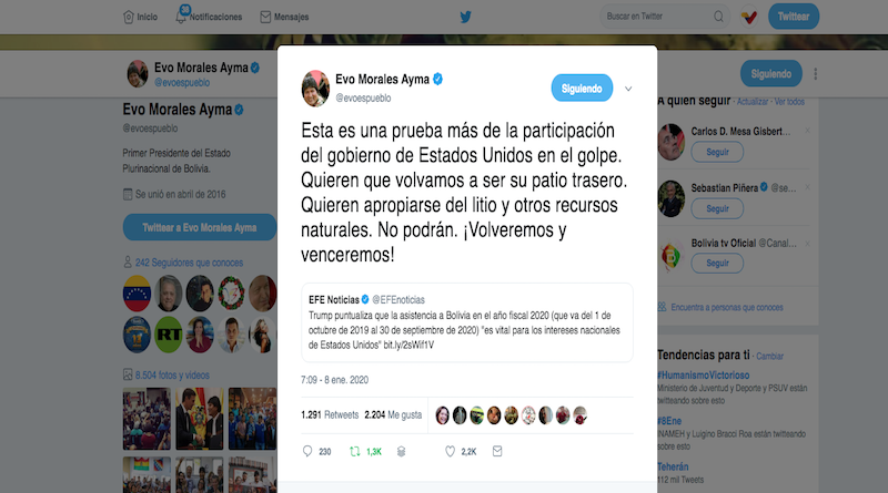 Evo Morales denuncia que Gobierno de EE.UU. quiere apropiarse de recursos naturales de Bolivia