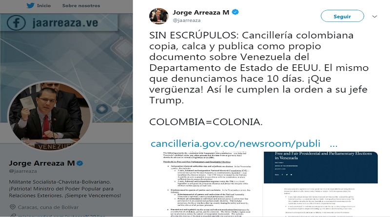 Canciller Arreaza: Colombia se convierte en colonia de Trump al calcar como propio documento de EE.UU. contra Venezuela