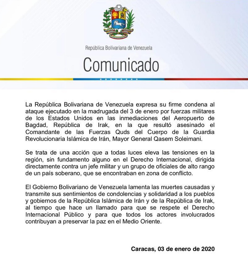 Venezuela condena ataque militar de EEUU en Bagdad y llama a respetar el Derecho Internacional para preservar la paz