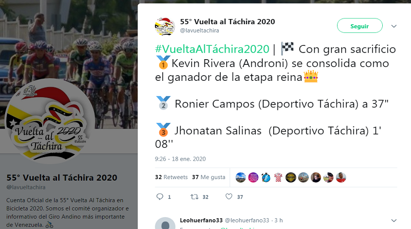 Costarricense Kevin Rivera se proclama ganador de la 7° Etapa de la 55 Vuelta al Táchira