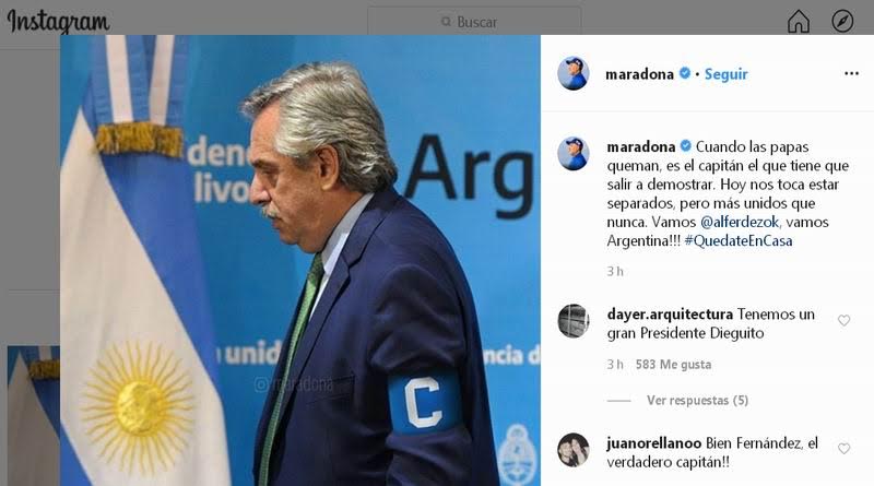 Maradona apoya decisión de cuarentena social del presidente argentino contra el Covid19