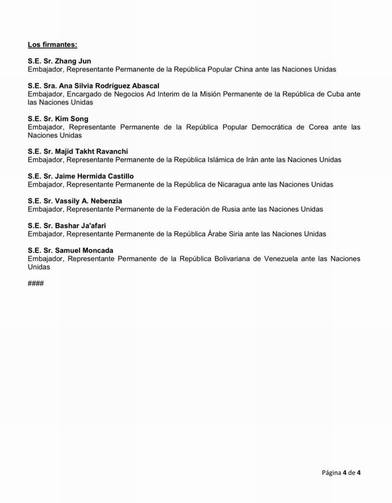 China, Rusia, Venezuela, Cuba y otras 4 naciones solicitaron a ONU exigir con fuerza levantamiento de medidas coercitivas ilegales
