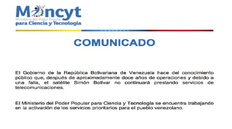 Satélite Simón Bolívar no prestará más servicios de telecomunicaciones