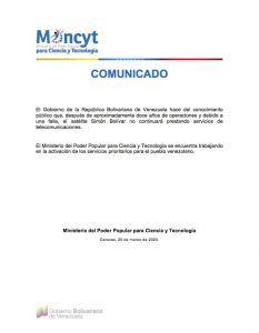 Satélite Simón Bolívar no prestará más servicios de telecomunicaciones