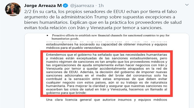 Canciller Arreaza celebra solicitud de senadores de EE.UU. para levantar medidas coercitivas y unilaterales contra Venezuela e Irán