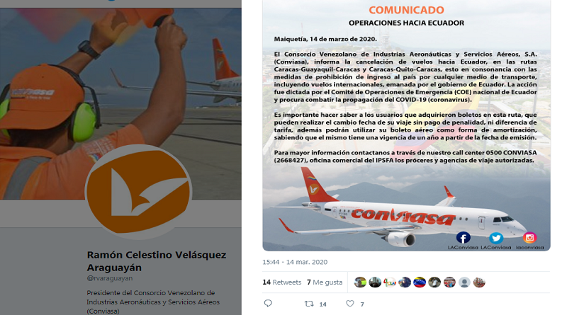 Conviasa anuncia reprogramación de vuelos tras cierre de aeropuertos en Ecuador por covid 19