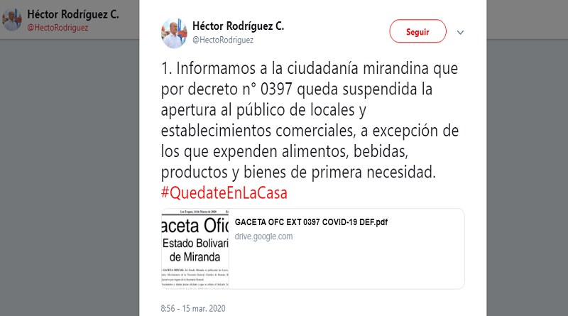 Gobernación de Miranda ordena cierre de establecimientos y espacios públicos