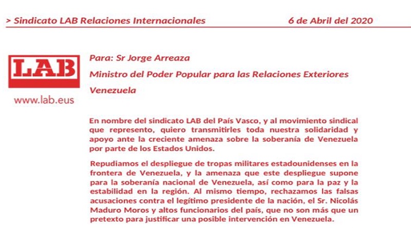 Sindicalistas vascos rechazan injerencismo de EEUU contra Venezuela