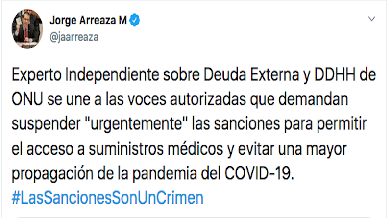 Expertos independientes de DD.HH. instan a suepeder sanciones contra Venezuela en medio de pandemia
