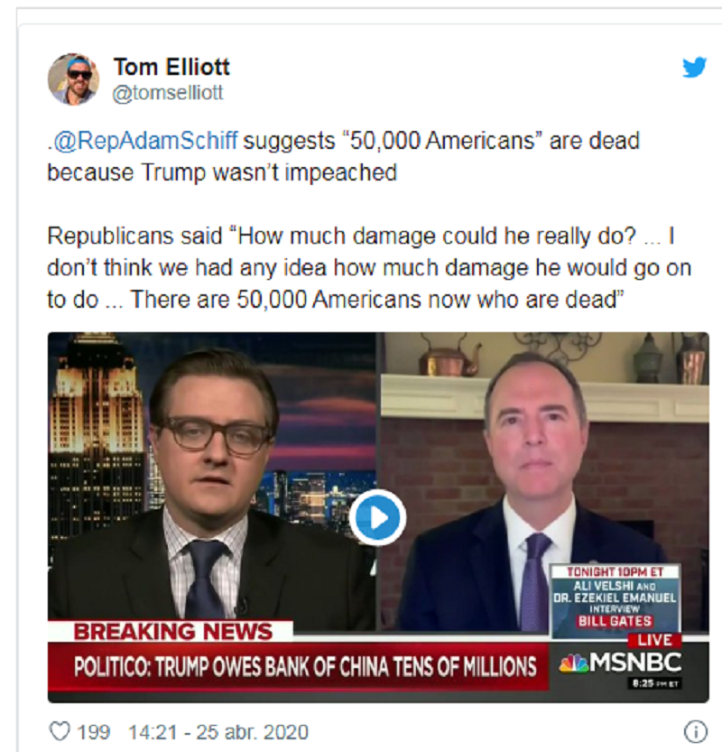 “Murieron 50.000 estadounidenses porque Senado no destituyó a Trump”, aseguró el presidente del Comité de Inteligencia del Congreso de EE.UU., Adam Schiff