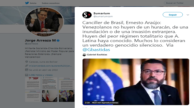 Canciller Jorge Arreaza a homólogo Araújo: Brasil sufre del oscurantismo fascista y enfermo de Bolsonaro