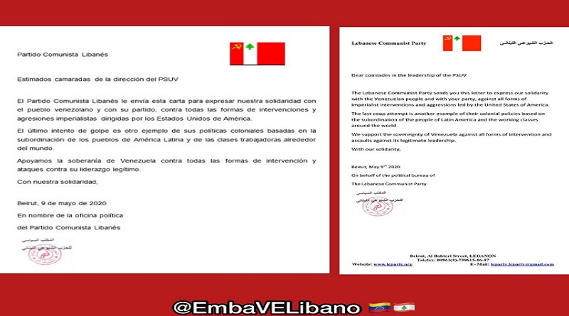 Partido Comunista de Líbano se solidariza con Venezuela y condena intento de magnicidio