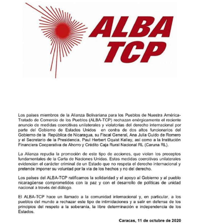 ALBA-TCP rechaza medidas coercitivas unilaterales de EE.UU. contra funcionarios del Gobierno de Nicaragua (+Comunicado)