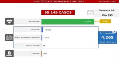 Día 239 de la lucha contra la COVID-19: Venezuela registra 219 casos comunitarios, 47 importados y la tasa de recuperación se ubica en 95 %