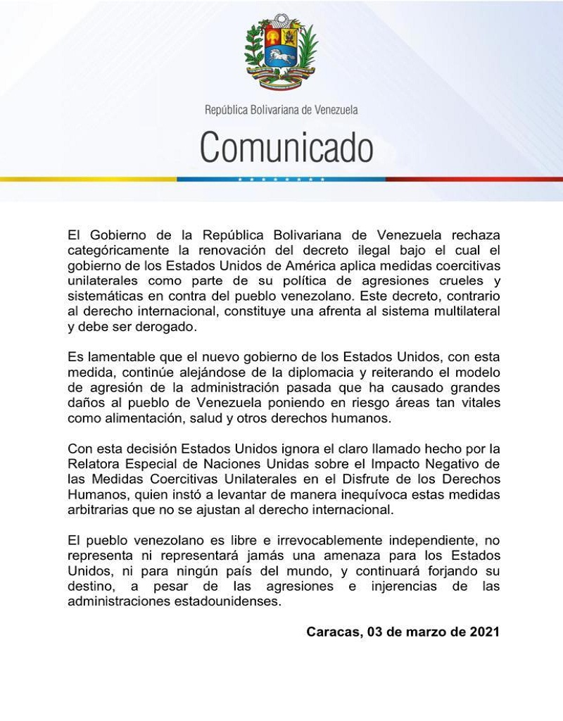 Venezuela rechaza renovación de decreto ilegal bajo el cual EE.UU. aplica medidas coercitivas unilaterales contra la nación