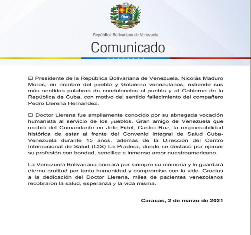 Venezuela extiende sentidas palabras de condolencias al pueblo y Gobierno de Cuba por partida física del doctor Pedro Llerena Hernández