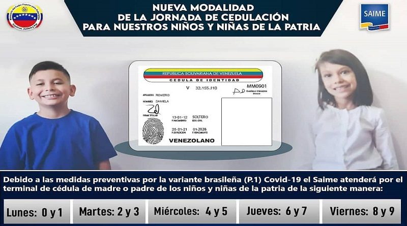 Semana Flexibilización | Saime anuncia atención por número de cédula de padres y representes para cedulación de niños, niñas y adolescentes