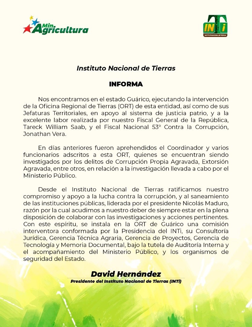 INTI interviene Oficina Regional de Tierras y todas sus Jefaturas Territoriales en el Estado Guárico por casos de corrupción