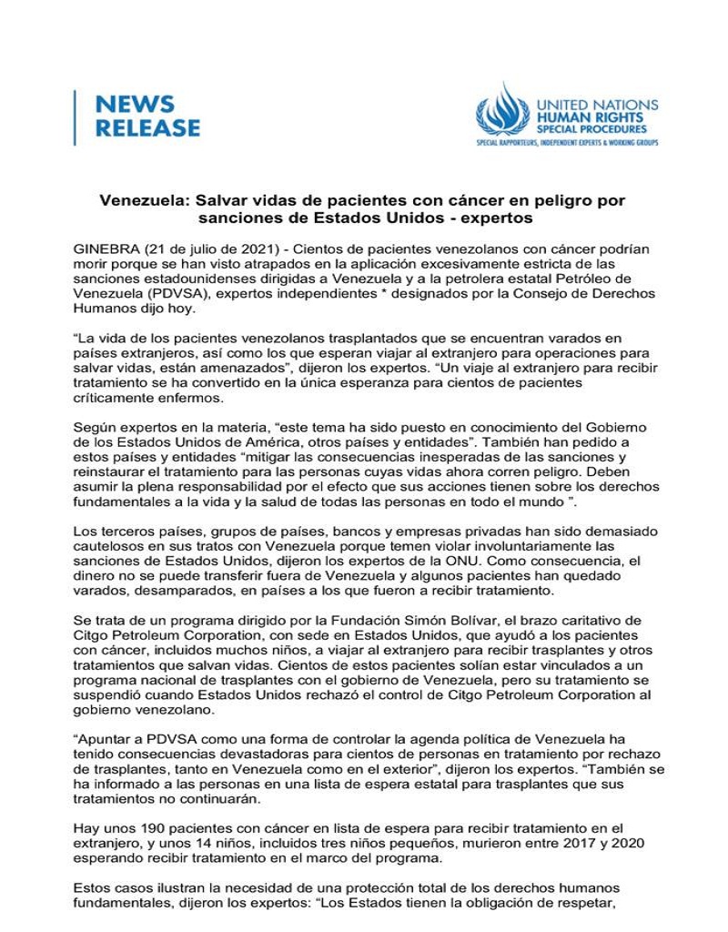 Relatores y Expertos de Naciones Unidas denuncian a EE.UU. por impedir tratamientos de pacientes venezolanos con cáncer mediante sanciones ilegales