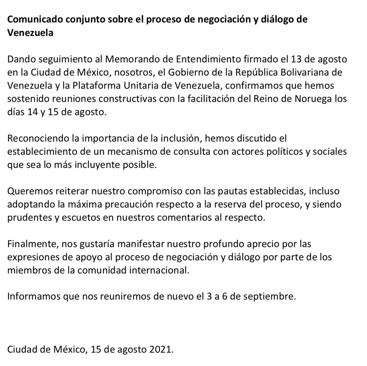 Noruega difunde Declaración Conjunta del Diálogo en México | Próxima jornada se realizará entre el 3 al 6 de septiembre