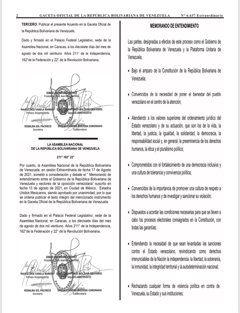 Jefe de Estado agradece a AN aprobación y publicación en Gaceta Oficial del Memorádum Entendimiento del Diálogo con oposiciones