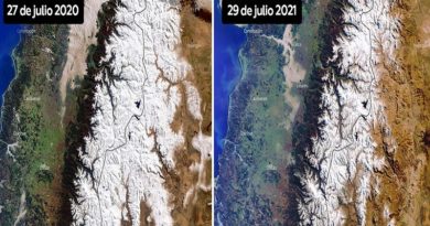 Imágenes captadas en julio de 2020 (izq.) y julio de 2021 (der.) muestran la gravedad del retroceso de la capa de nieve en la cordillera de los Andes. (EU / Copernicus Senti / Reuters)