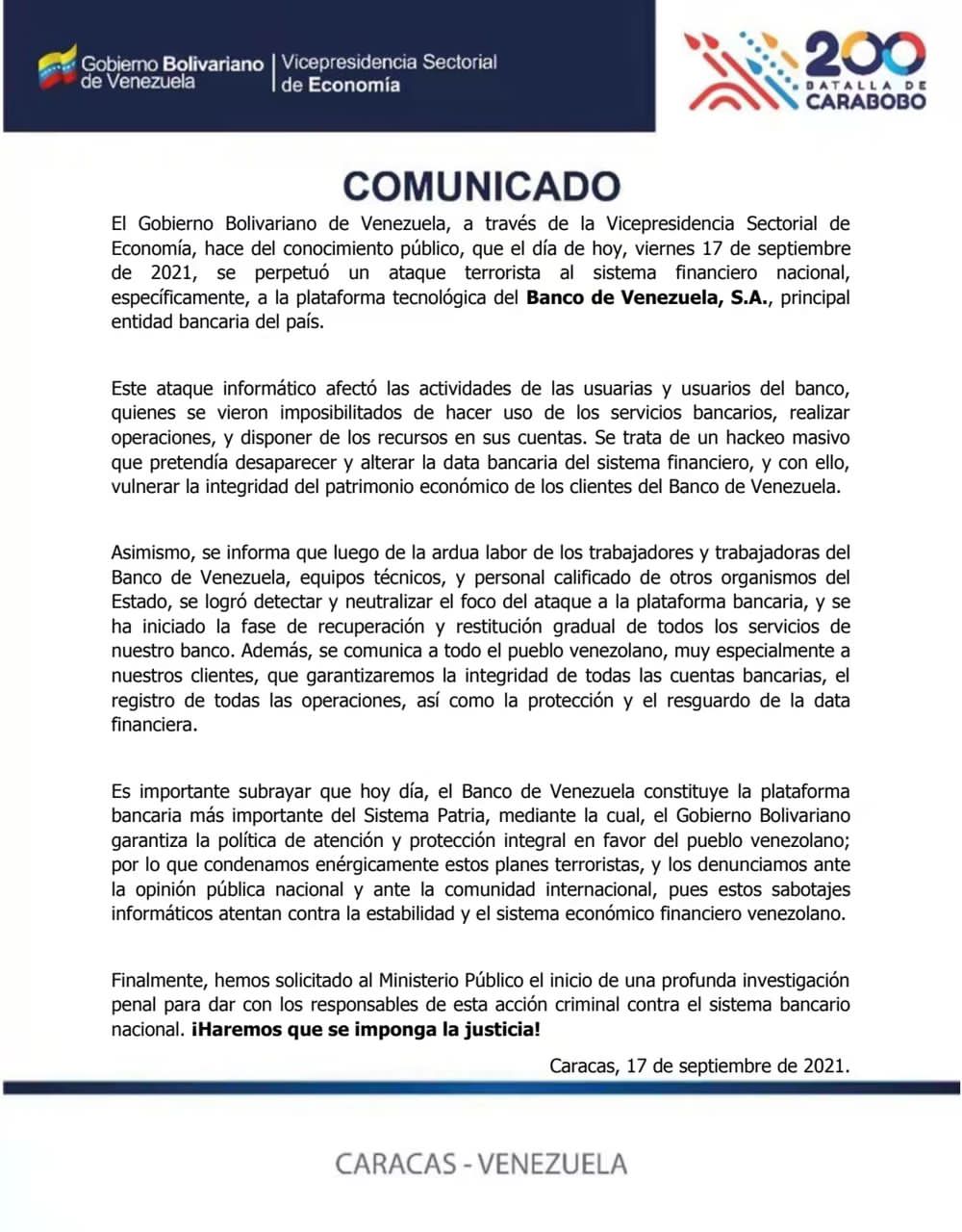 Plataforma del Banco de Venezuela sufrió un ataque hacker que pretendía dañar la data bancaria Comunicado-ataque-al-servicio-digital-BdV