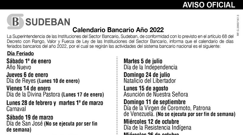 Sudeban publica el Calendario Bancario 2022
