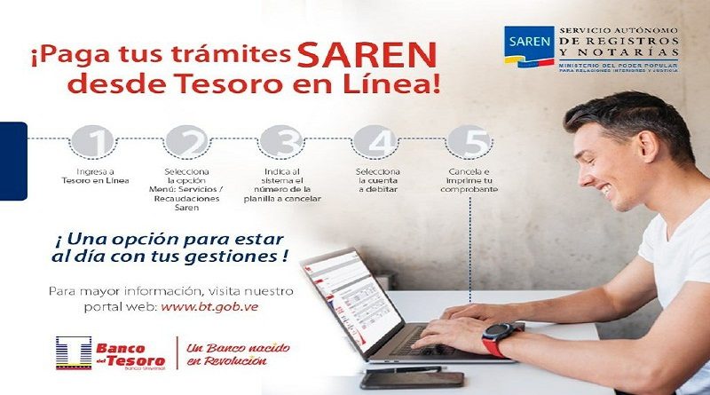 Banco del Tesoro activa pago de trámites SAREN vía online