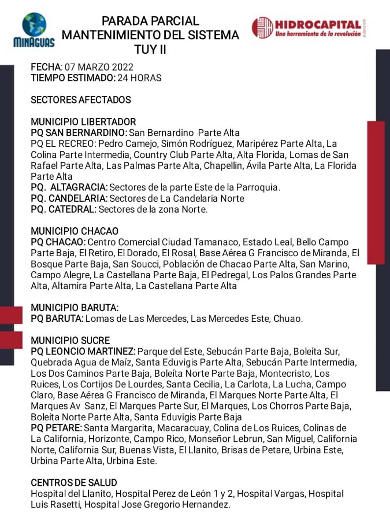 Zonas de Caracas se verán afectadas con el suministro de agua este #7Mar por mantenimiento en el Tuy II