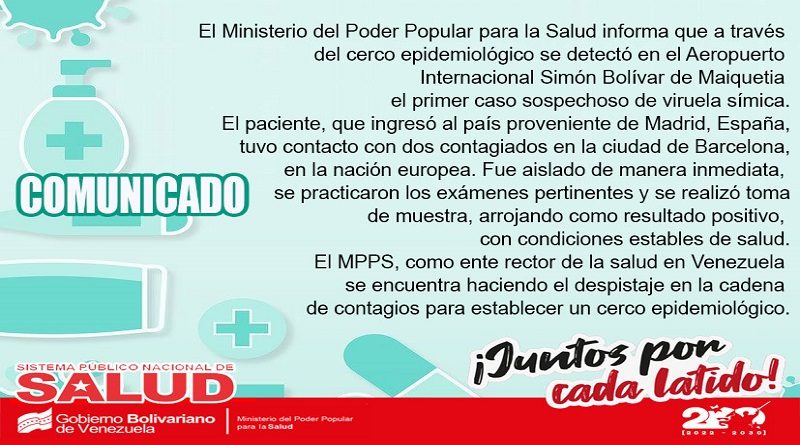 COMUNICADO: MinSalud detecta primer caso de "viruela símica" procedente de España