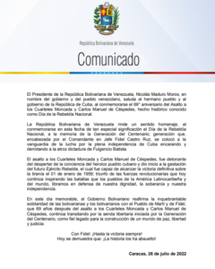 Venezuela saluda a Cuba a 69 años del Día de la Rebeldía (+Comunicado)