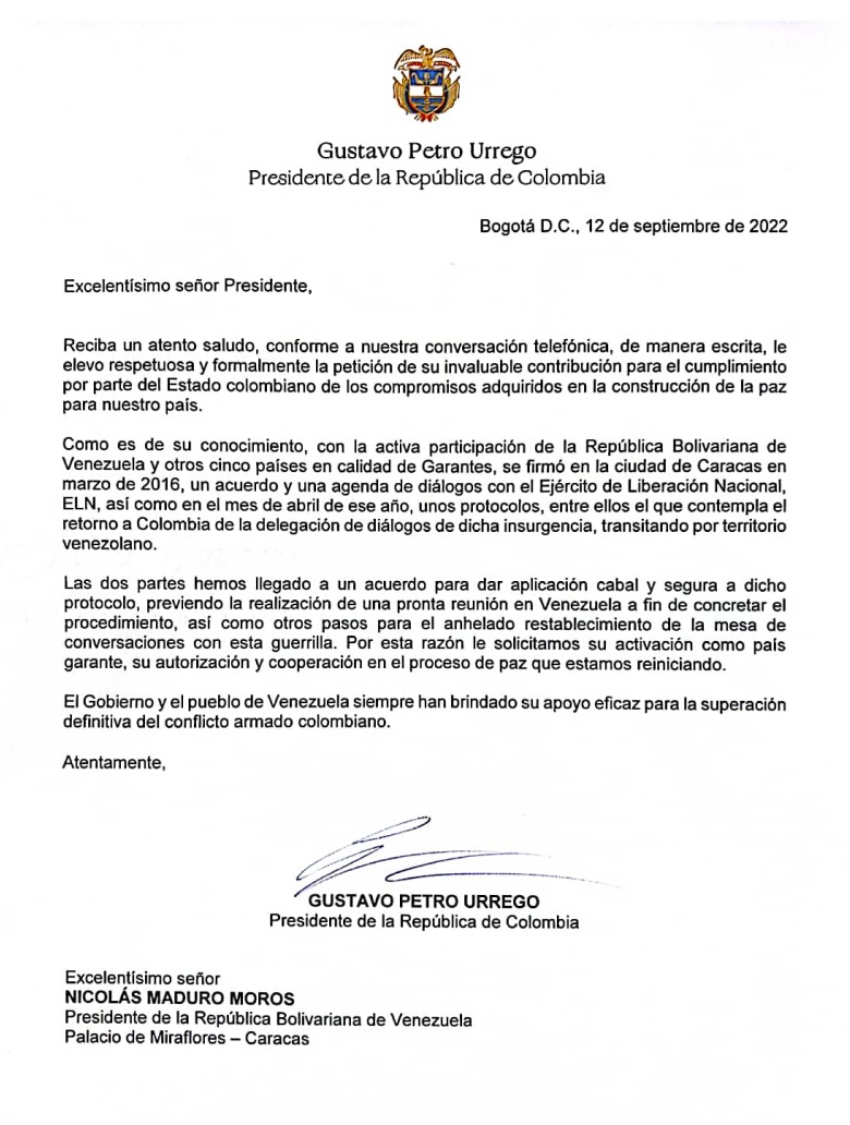 Venezuela acepta solicitud de Colombia para ser país Garante de Acuerdos de Paz con ELN