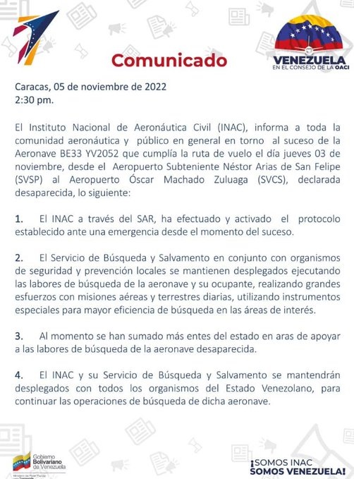 INAC: Mantienen activa búsqueda de aeronave desaparecida el #3Nov NOTIGUARO INAC: Mantienen activa búsqueda de aeronave desaparecida el #3Nov - noviembre 5, 2022 5:30 pm - NOTIGUARO - Nacionales