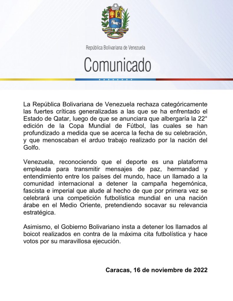 COMUNICADO | Venezuela rechaza las fuertes críticas contra el  Estado de Qatar al albergar el Mundial de Futbol